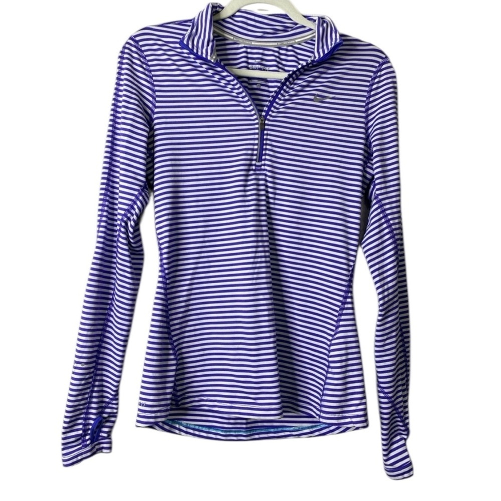 NIKE Dri-fit Purple & White Striped Long Sleeve Quarter-Zip Pullover.